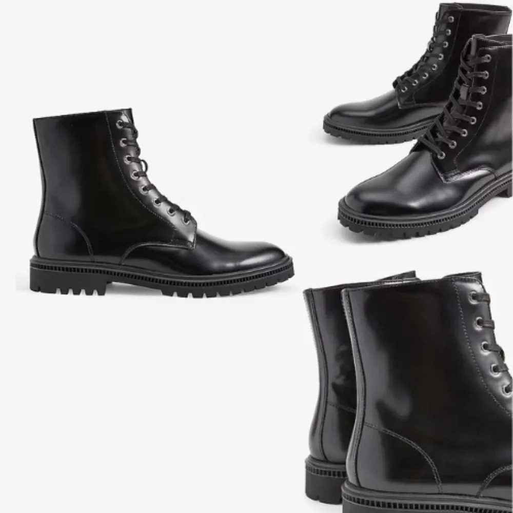 New! Express men’s Black patent Leather lace-up Combat Boots Size 9
